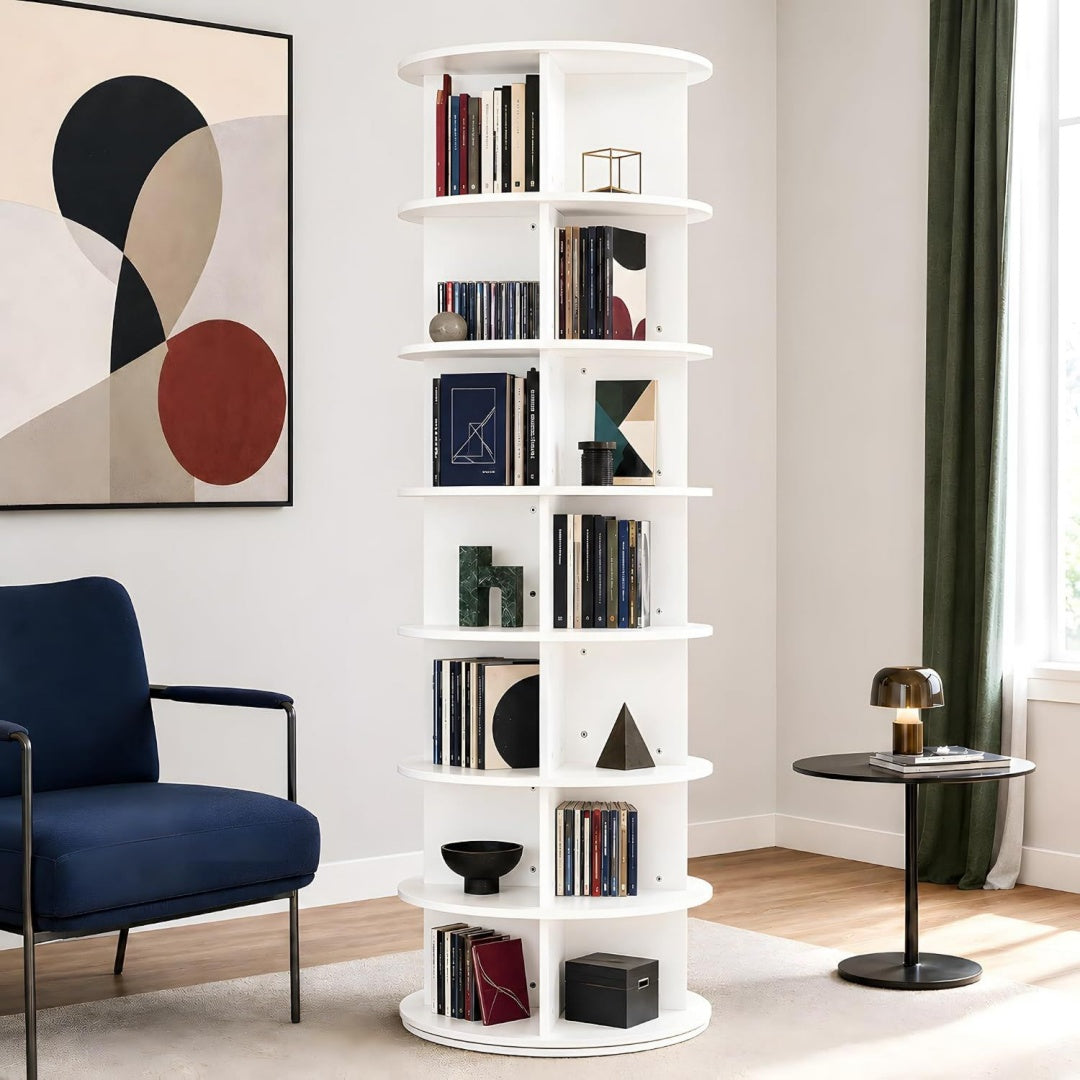 Libreria da soggiorno girevole con vano contenitore bianco